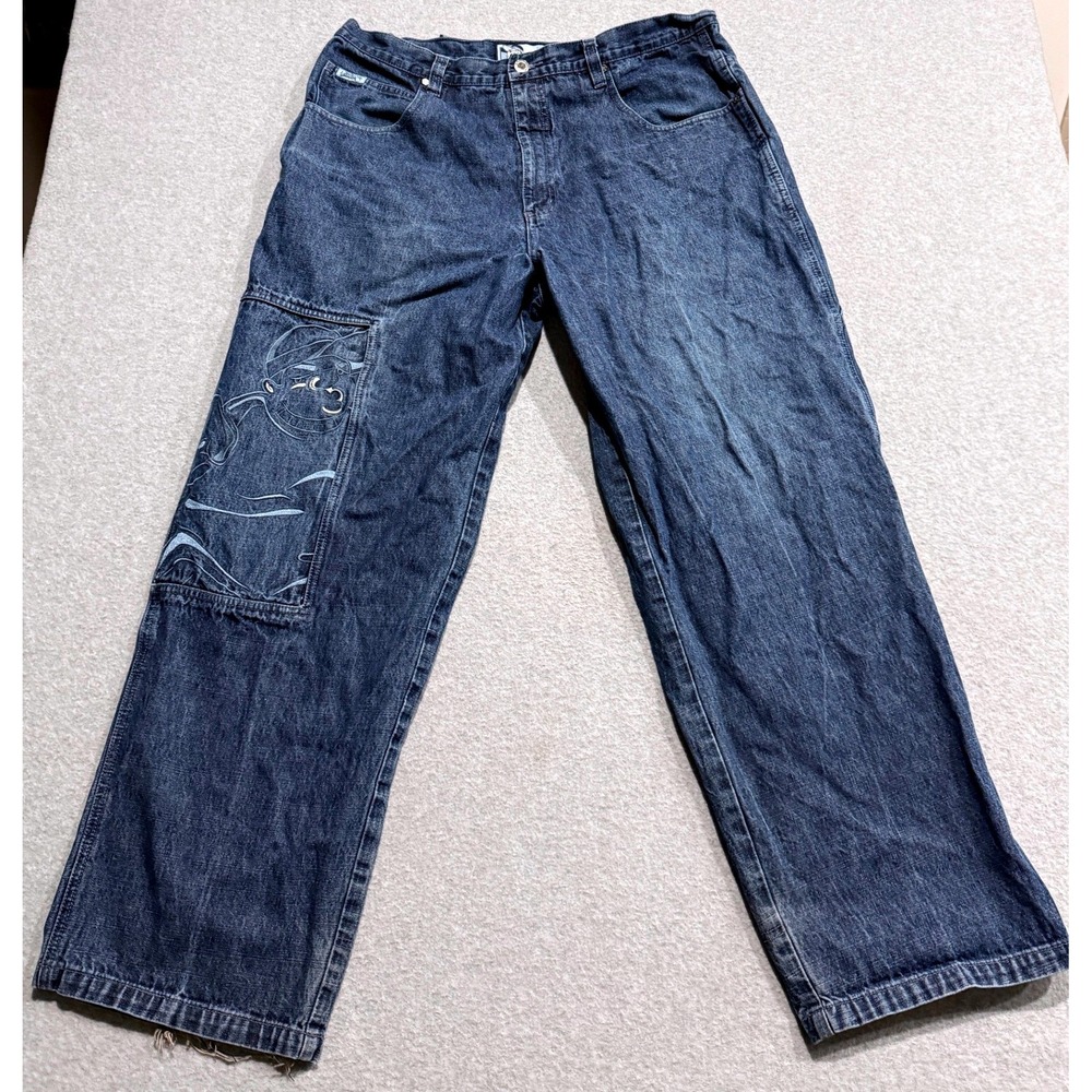 Southpole Mens Baggy Wide Leg Embroidered Graphic Dark Wash Denim Jeans Size 40
